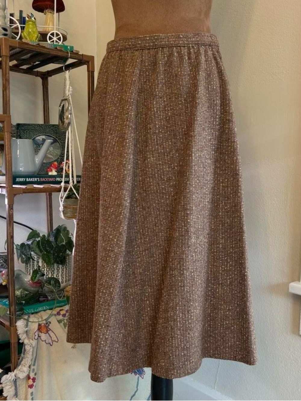 Vintage Academia Brown Tweed Pleated Midi Skirt